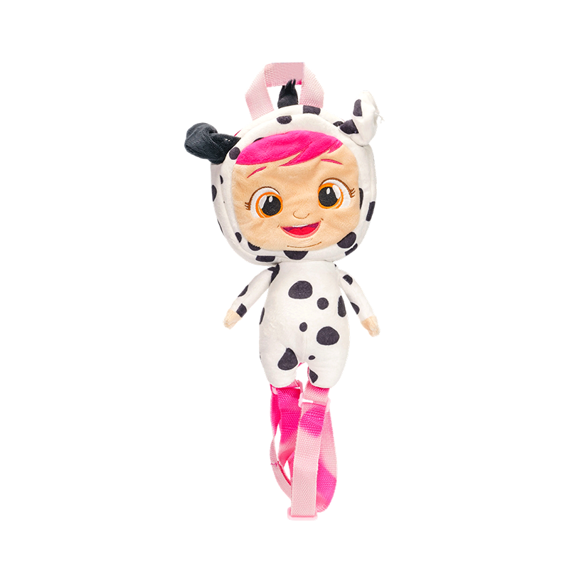 Mochila de pelúcia para menina com roupa de vaca manchada