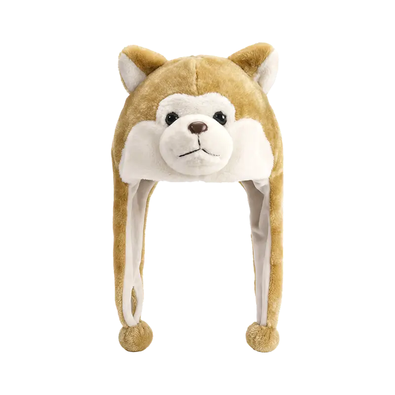 Chapéu de pelúcia bege com cara de cachorrinho
