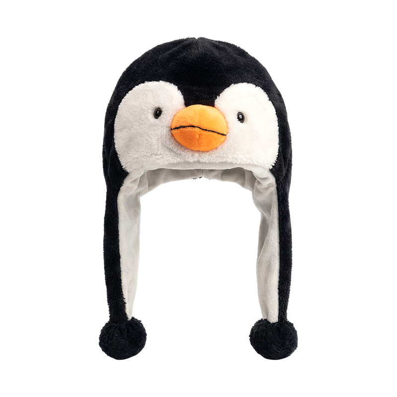 Chapéu de pelúcia pinguim preto e branco