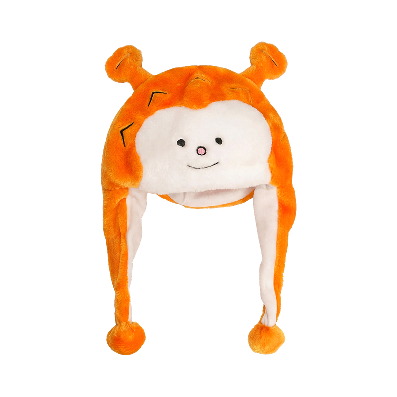 Chapéu de pelúcia laranja com cara de macaco